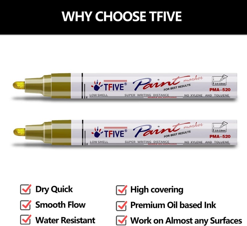 TFIVE Gold Permanent Paint Marker Pens - 2 Count Oil Based Marker Pen, Medium Tip, Waterproof & Quick Dry, for Office, Art projects, Rock Painting, Ceramic, Glass, Wood, Plastic, Metal, Canvas - Image 2